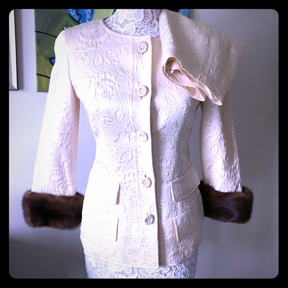 Valentino Brocade Fur Trim Skirt Suit